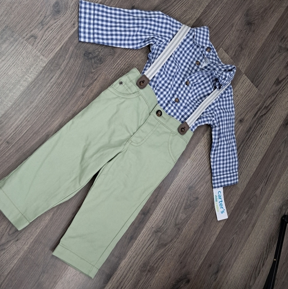 Carters Boys 12 Mth Blue Buffalo Plaid Button Up 1-Pc Green Pants Suspenders Set